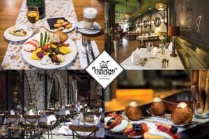 a collage of three pictures of a restaurant with food at Norweska Dolina Family&Pet-friendly Resort in Szklarska Poręba +291 photos