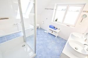 a bathroom with a shower and a sink and a toilet at Ferienhaus Ostseetraum Langholz in Waabs +19 photos