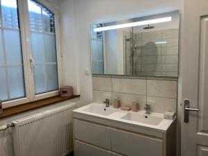a bathroom with a sink and a mirror at Maison de charme Suzanne in Suzanne