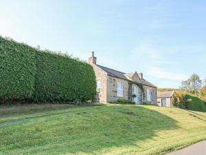 a house with a hedge in front of a yard at East Crossthwaite Cottage in Newbiggin