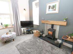 a living room with a fireplace and a television at East Crossthwaite Cottage in Newbiggin