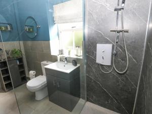 a bathroom with a toilet and a sink and a shower at East Crossthwaite Cottage in Newbiggin +46 photos