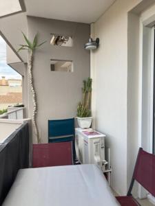 une table et des chaises dans une pièce avec un palmier dans l'établissement Pti paradis, au Grau-dʼAgde