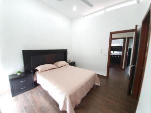 a bedroom with a large bed and a mirror at Coto arrecifes casa 67 in Mezcales