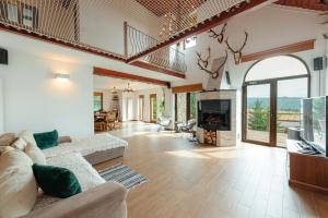a living room with a couch and a fireplace at Cabana Visul Muntilor Belis in Beliş
