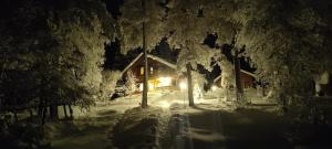 a house is covered in snow at night at Lakeside Pilke in Rovaniemi