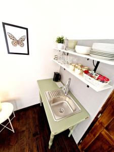 a kitchen with a sink and shelves with dishes at Helena Old Town Apartment in Košice