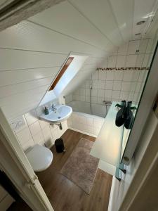 an attic bathroom with a sink and a toilet at Gemütliches Häuschen im Ortskern von Hohentengen am Hochrhein in Hohentengen +6 photos