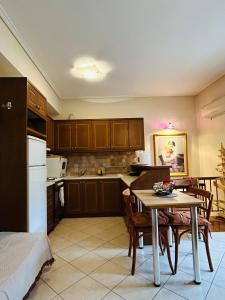 een keuken met een tafel, stoelen en een koelkast bij Basis Apartment in Karpenisi
