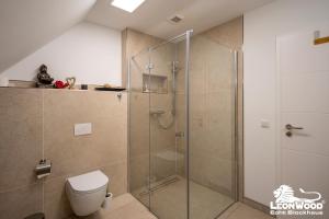 a bathroom with a glass shower with a toilet at Ferienwohnungen an der Hauptspree in Kolonie