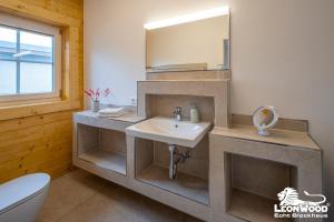 a bathroom with a sink and a mirror at Ferienwohnungen an der Hauptspree in Kolonie