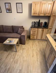 a living room with a couch and a coffee table at Nocuj u Rogala in Szczebrzeszyn +14 photos