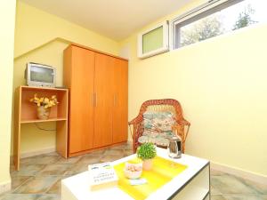 un salon avec une chaise et une table dans l'établissement Apartments Stipo - Comfort One Bedroom Apartment with Terrace and Sea View A1, à Drače