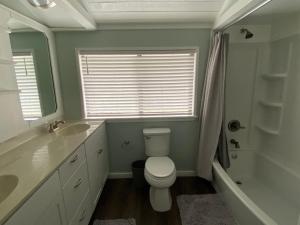 a bathroom with a toilet and a sink and a shower at Relaxing 3 bed 2 bath home by the intracoastal in Daytona Beach +16 photos