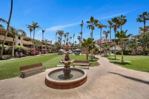 a fountain in a park with two benches and palm trees at 2 minute walk to Medano Beach in Cabo San Lucas