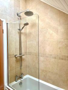 a shower with a glass door next to a tub at Modern Lakefront Lodge w Deck Water Views in Cirencester +13 photos