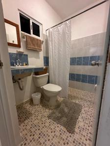 a bathroom with a toilet and a sink and a shower at Habitación Coco in Holbox Island