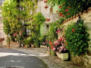 ein Gebäude mit vielen Pflanzen und Blumen darauf in der Unterkunft Town Centre with garden & free parking Le Dorat in Le Dorat