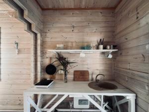 a bathroom with a sink in a wooden wall at River Dom in Jūrmala
