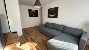 sala de estar con sofá y pinturas en la pared en Apartament Jana, en Tarnowskie Góry