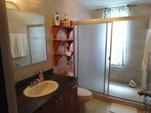 a bathroom with a shower with a sink and a toilet at Altos del Maria -mountaine views in Sorá +60 photos