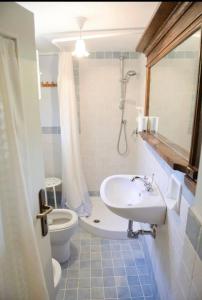 a bathroom with a sink and a toilet and a shower at Casa rio Lera in Amandola