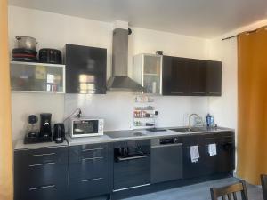a kitchen with a sink and a microwave at Appartement cosy 6 personnes in Anzin +7 photos