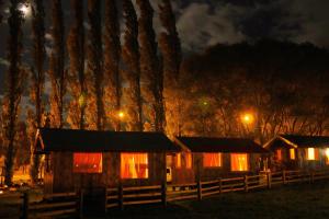 a couple of wooden huts with trees at night at TRAVELLERS Camping & Dorms in San Martín de los Andes