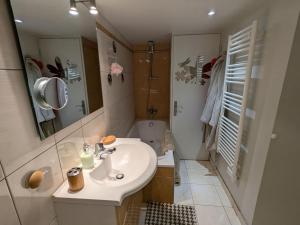 a bathroom with a sink and a shower and a toilet at Maison XVIIIe avec jardin privatif - Yèvre le Châtel - FR-1-590-440 in Yèvre-la-Ville +27 photos