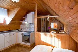 a kitchen with wooden walls and a wooden ceiling at Apartments Zorč in Bohinj