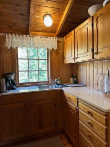 a kitchen with wooden cabinets and a window at Fjellro Mountain Cabin in Oppdal