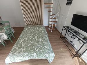 un salon avec un lit et une télévision dans l'établissement Maison Duplex, à Pierrelatte