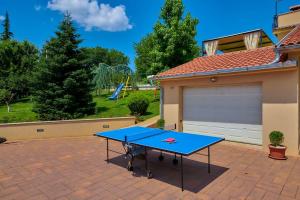 a blue ping pong table in front of a garage at Villa Mikela Heki, Pazin by IstriaLux in Heki