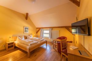 a bedroom with a bed and a desk and a television at Biohotel Stiftsgut Wilhelmsglücksbrunn in Creuzburg