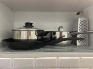 twee potten en pannen op een fornuis bij Uliha street sea side apartment in Liepāja +4 foto's