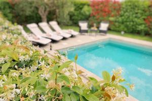 a swimming pool with chaises and chairs next to a garden at Villa Benvenuti near Motovun for 8 people - pet friendly with salt - water pool in Kaldir +18 photos