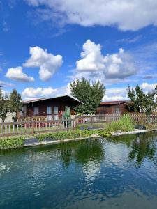 a house with a pond in front of it at Chata 1 in Nový Přerov
