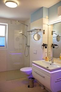 a bathroom with a sink and a shower and a toilet at Ferienhaus Meinholdstraße mit eigener Sauna, Kamin, 4 Schlafzimmern ca 500m vom Ostseestrand in Ostseebad Koserow