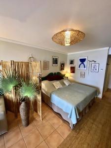 ein Schlafzimmer mit einem Bett und einer Topfpflanze in der Unterkunft Studio Céladon village vacances Ste Anne Guadeloupe in Sainte-Anne