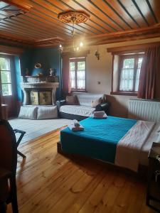 Un dormitorio con una cama grande y un sofá. en Konstantinou & Elenis, en Monodendri