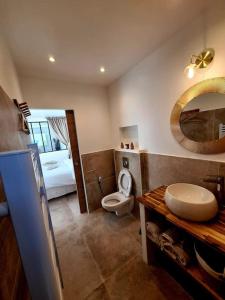 a bathroom with a toilet and a sink and a mirror at L'Amorosa Suite avec terrasse et Jacuzzi extérieur in Peypin