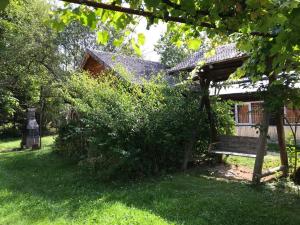 a wooden house with a bench in the yard at Casa Matei in Poarta +3 photos