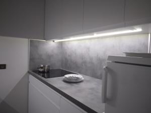 a kitchen with a counter with plates and a refrigerator at Studio agréable près des pistes avec balcon - FR-1-181-2356 in La Plagne Tarentaise