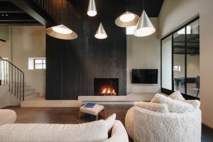 a living room with two couches and a fireplace at Schuur 80 in Haasdonk