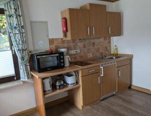 a small kitchen with a sink and a microwave at Ferienhaus Panoramablick in Piesau +14 photos
