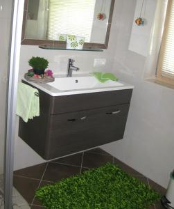 a bathroom with a sink and a green rug at Apartment Galtenberg in Alpbach