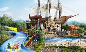 a water park with a pirate ship on top at Umi SplashMania homestay in Banting