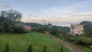 an aerial view of a grassy field with the ocean at Ti Kai Nous in Roger