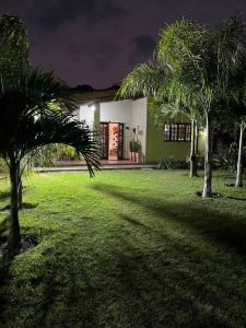 a house with palm trees in front of a yard at Granja Raio de Luz in Igarassu