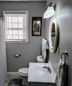 ein Badezimmer mit Toilette, Waschbecken und Spiegel in der Unterkunft Cozy, Contemporary Haven Near Historic Downtown in Savannah